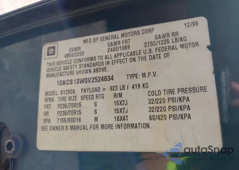 1997 GMC Jimmy Sls из США, поврежденный, VIN 1GKCS13W0V2524634